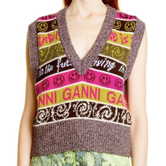 GANNI Smiley Face Space Wool Blend Knit Sweater Vest Grandma Academia Fall - Picture 1 of 13